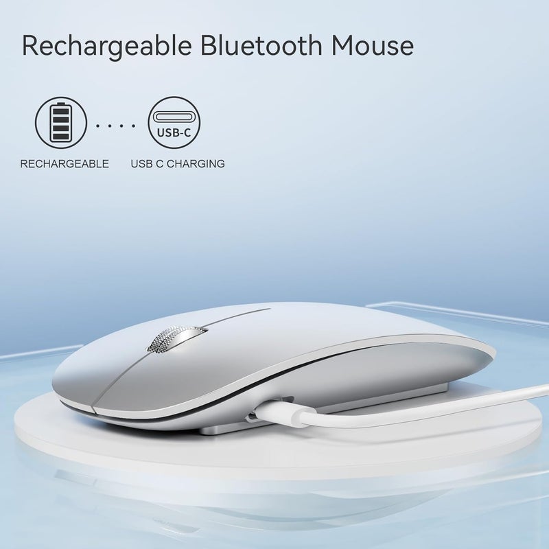 TENMOS M18 Bluetooth Mouse, USB C Rechargeable Wireless Mouse, Triple Mode (Dual Bluetooth+USB) Computer Silent Mice Portable with USB Receiver and Type C Adapter for Laptop/MacBook/iPad/PC - Silver - Image 4